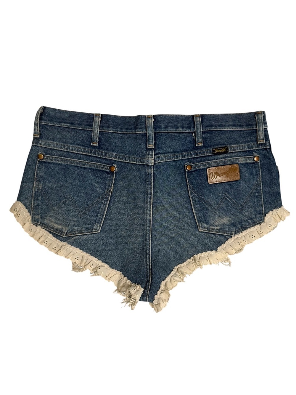 Vintage Wrangler Lace Trim Denim Cutoff Shorts Boho Coquette Festival 35 - Picture 5 of 9